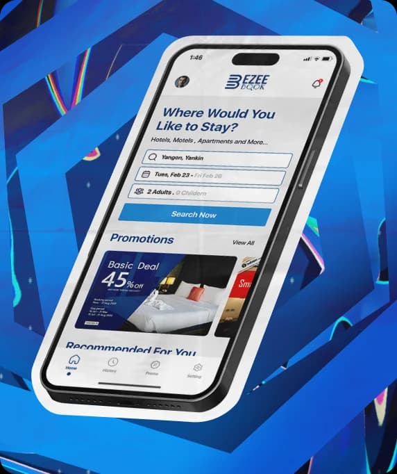 Ezee Book hotel-booking app home screen on a phone, with hotel search and promotions