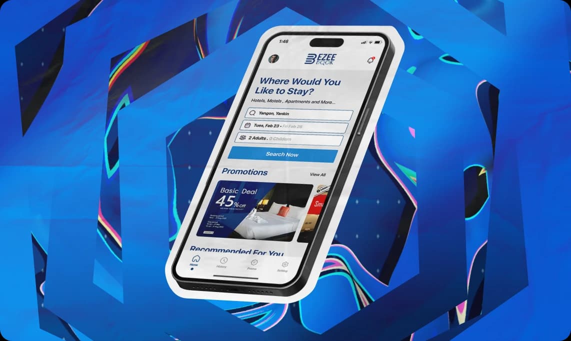 Ezee Book hotel-booking app home screen on a phone, with hotel search and promotions