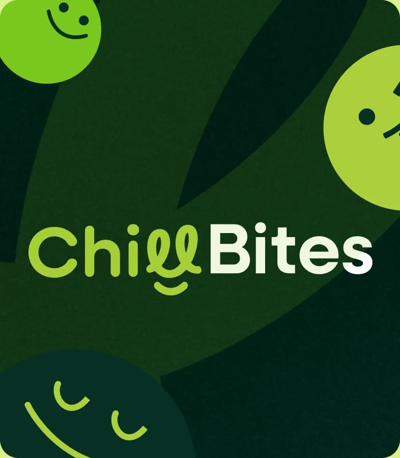 The ChillBites wordmark in lime and white on dark green, with smiley-face brand marks