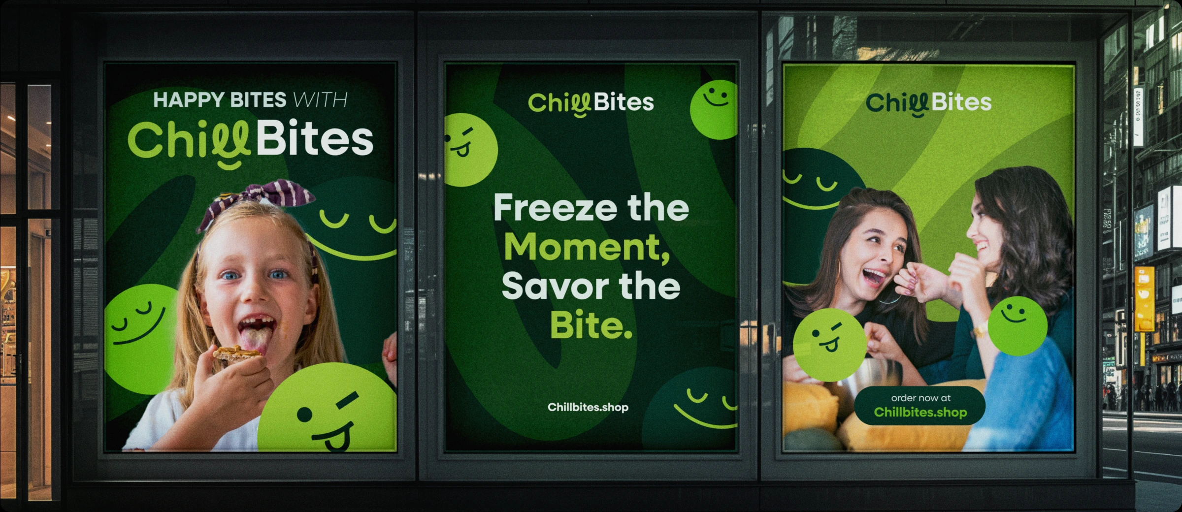 Three ChillBites outdoor posters in a night-time bus shelter: a child enjoying a snack, 'Freeze the Moment, Savor the Bite.', and two friends sharing a laugh