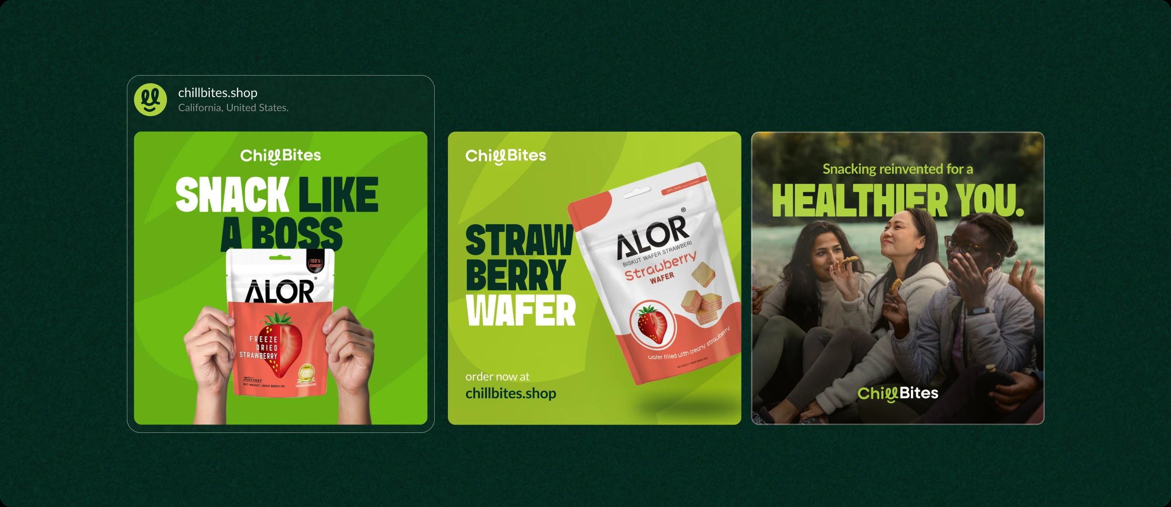 Three ChillBites social posts: 'Snack like a boss', 'Strawberry Wafer' and 'Healthier you.'