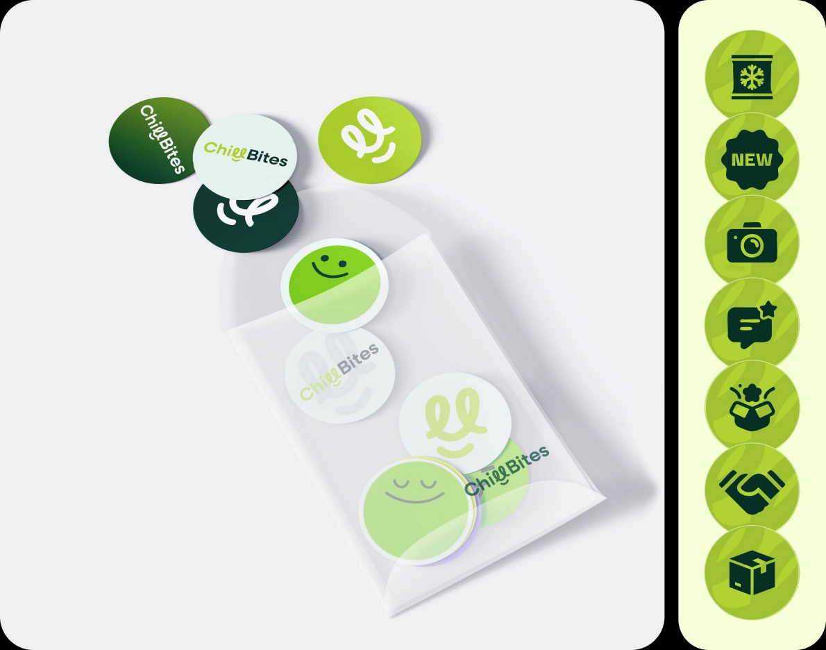 Round ChillBites stickers spilling from a clear envelope, beside a column of green icon badges