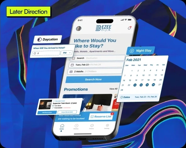 Later Direction: a search-first homepage leading straight into booking