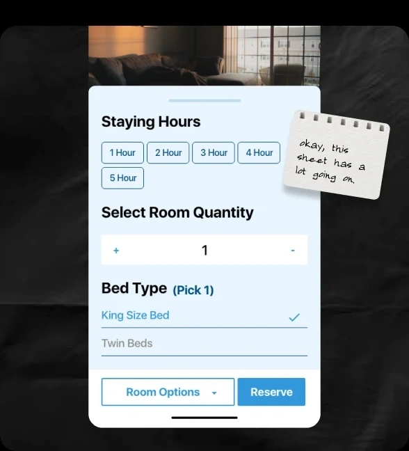 A room-configuration sheet with a sticky note: 'okay, this sheet has a lot going on.'
