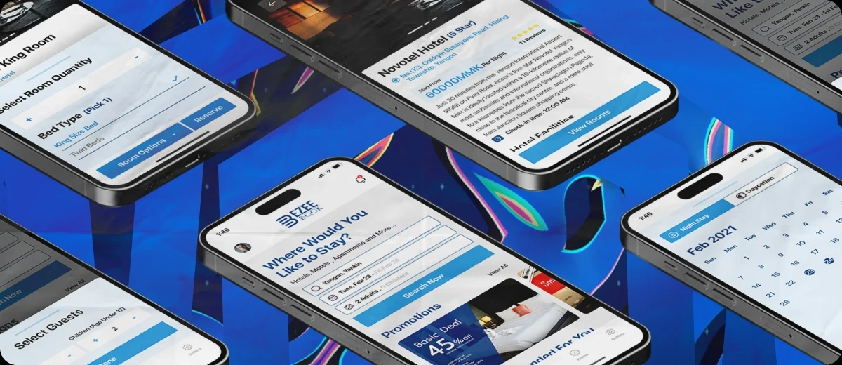 Ezee Book's home search, hotel details, room selection and calendar screens, layered over a blue backdrop