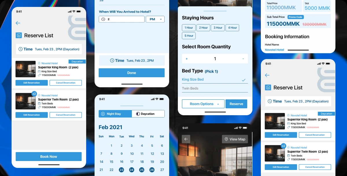 A grid of Ezee Book screens: the Reserve List, an arrival-time and calendar picker, a staying-hours and room-configuration sheet over a hotel room photo, and the final price breakdown with the Reserve List again