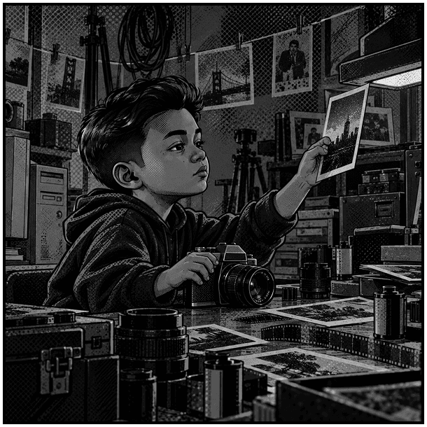 A young boy surrounded by cameras, film, and computer parts, examining a photograph under a desk lamp.