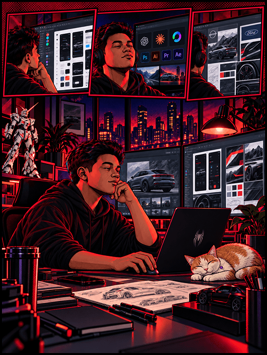 A young man at his desk surrounded by design and creative-tool screens, a model kit and city skyline art on the shelves, a cat asleep beside his laptop.