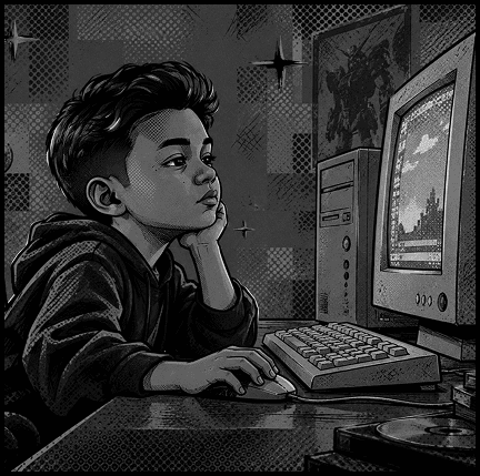 A young boy resting his chin on his hand, gazing thoughtfully at an old desktop computer.