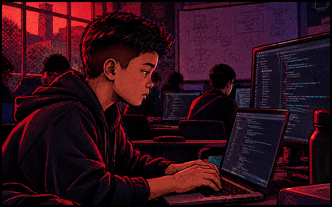 A boy typing on a laptop in a classroom full of students coding at their own computers, a whiteboard covered in diagrams behind him.