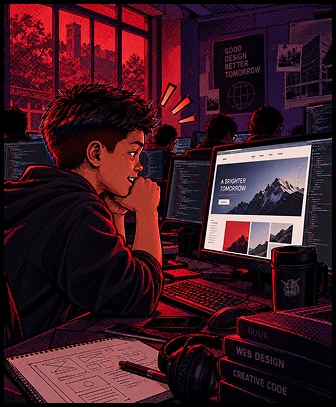 A boy grinning at his monitor in a computer lab, looking at a travel website design mockup titled 'A Brighter Tomorrow'.