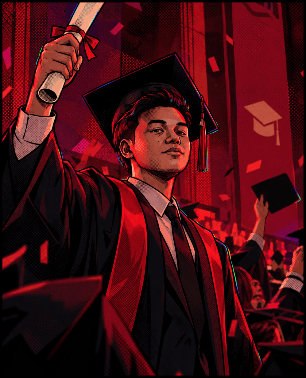 A young man in a graduation cap and gown raising his diploma triumphantly amid falling confetti.