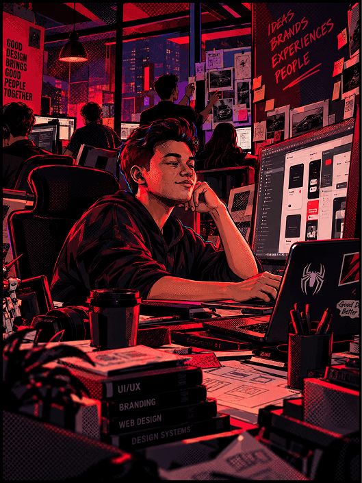 A young man grinning at his laptop and monitor in a busy design studio, surrounded by UI mockups and branding boards.