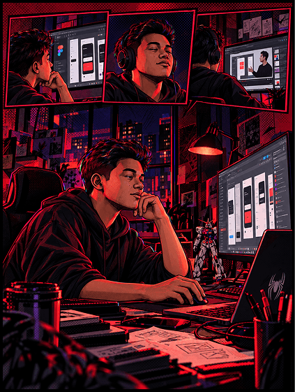 A young man at his desk working on UI designs across a laptop and monitor, with a strip of comic panels showing his focused workflow above him.