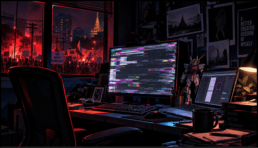 A dim home office with a glitching monitor, a protest visible through the window at night with a 'We want democracy' sign.