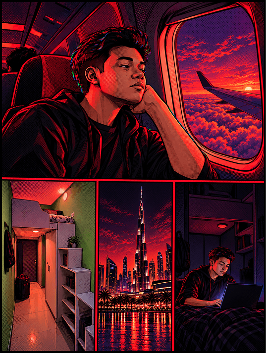 A young man looking out an airplane window at the sunset, then arriving in a new apartment overlooking the Burj Khalifa at night, working on his laptop.